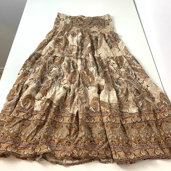 Rosemarine Maxi Tiered Skirt Paisley Italy Size Medium Brown Beige Boho Romantic - Picture 5 of 11